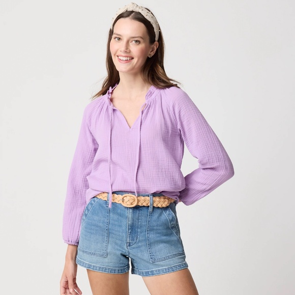 New J.CREW Size M Long-Sleeve Gauze Tie-Neck Top in Bright Lilac $79 CI305 - Picture 1 of 5